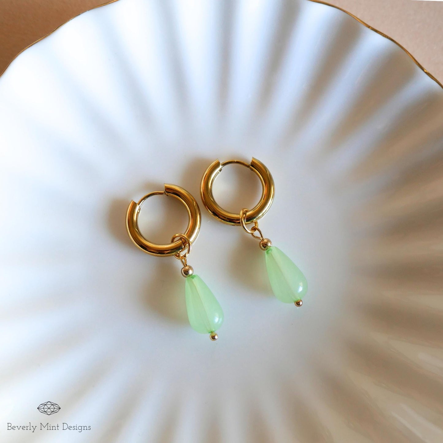 Gold Hoop Earrings with Jade Color Charm, Green Teardrop Earrings, 18K Gold and Green Drop Earrings, Mint Green Earrings, Gift For Her
