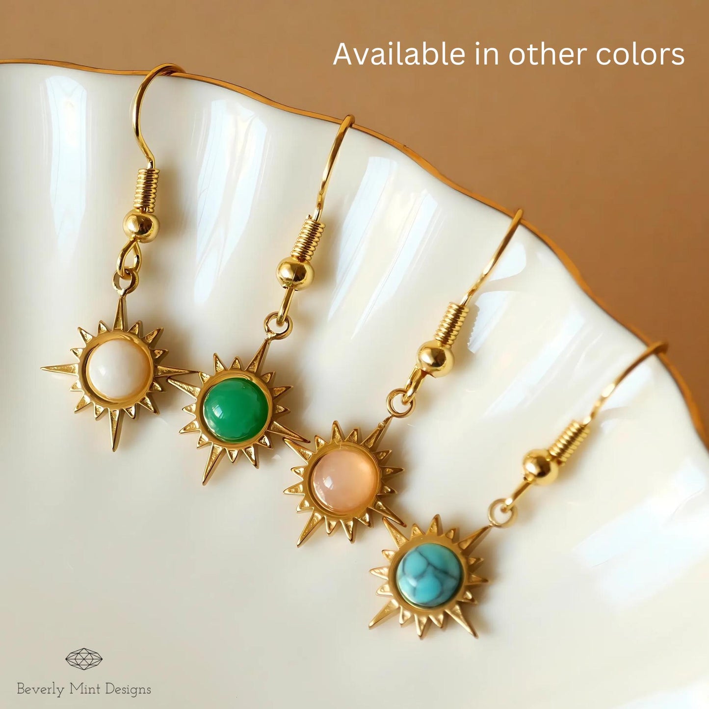 Sun Earrings ,Boho Sun Earrings 18K Gold Plated Small Earrings, White Earrings , Boho Style Earrings , Gold Sunburst Earrings, Gift For Her