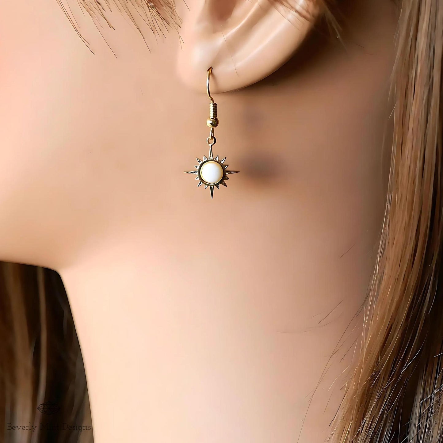 Sun Earrings ,Boho Sun Earrings 18K Gold Plated Small Earrings, White Earrings , Boho Style Earrings , Gold Sunburst Earrings, Gift For Her