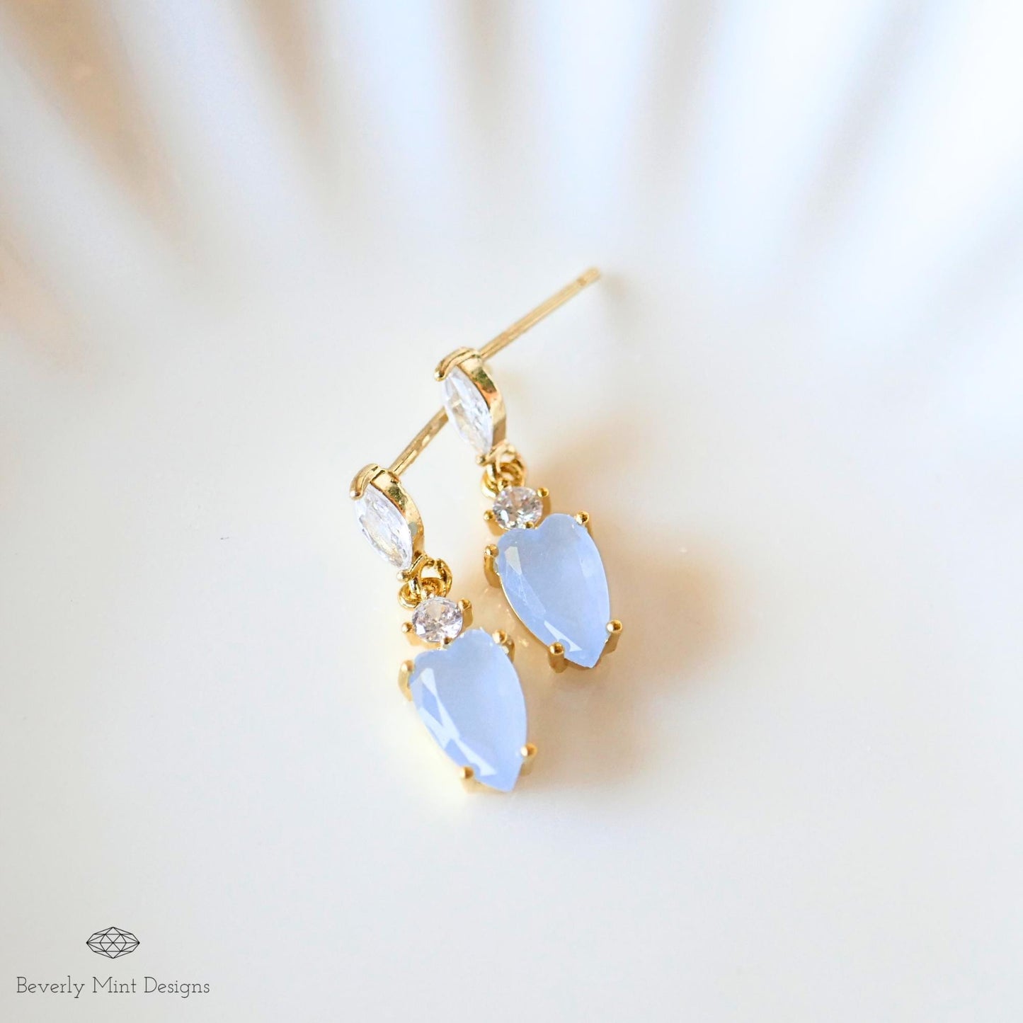14K Gold Filled Dainty Earrings with Pale Blue Charm, Small Light Blue Teardrop Earrings, Gold Marquise Cut Crystal Earrings