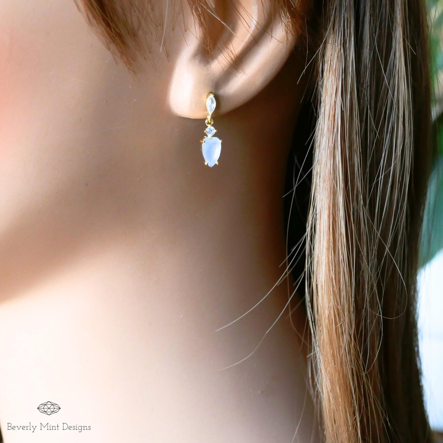 14K Gold Filled Dainty Earrings with Pale Blue Charm, Small Light Blue Teardrop Earrings, Gold Marquise Cut Crystal Earrings