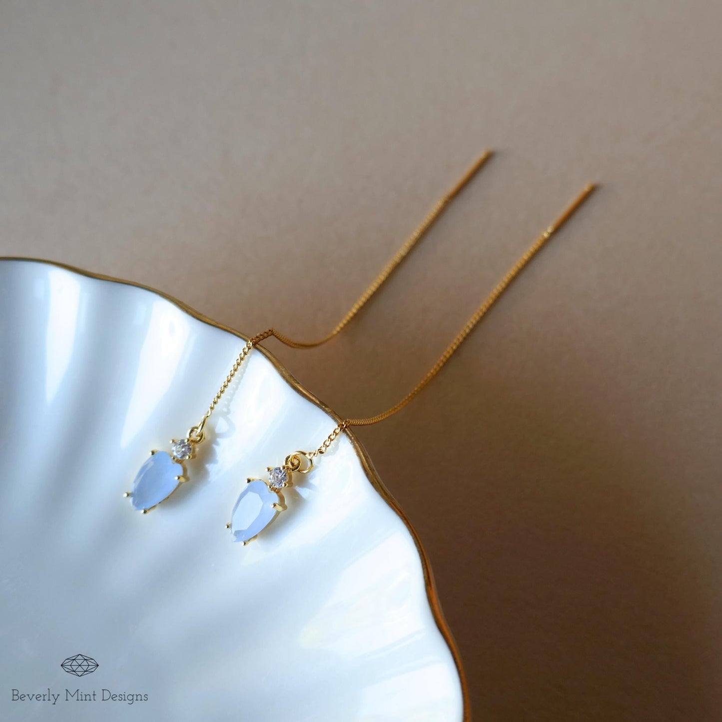 Blue Stone Earrings, Pale Blue Gold Threader Earrings, Small Light Blue Earrings with leafy charm, Bridal Jewelry, Gift, Gift For Her