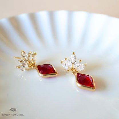 Ruby Red Earrings, Red Gemstone Cubic Zirconia Earrings, Red Diamond Shaped Earrings, Marquise Crystal Faceted Earrings , Gift For Her