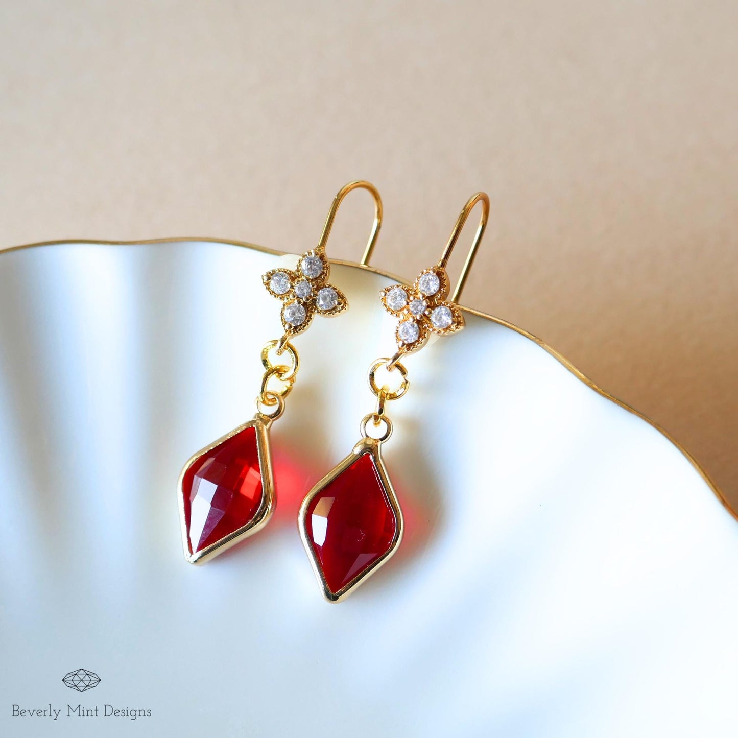 Ruby Red and Floral Crystal Dangle Earrings, Red Gemstone Cubic Zirconia Drop Earrings, Red Diamond Shaped Earrings, Elegant Dangle Earrings