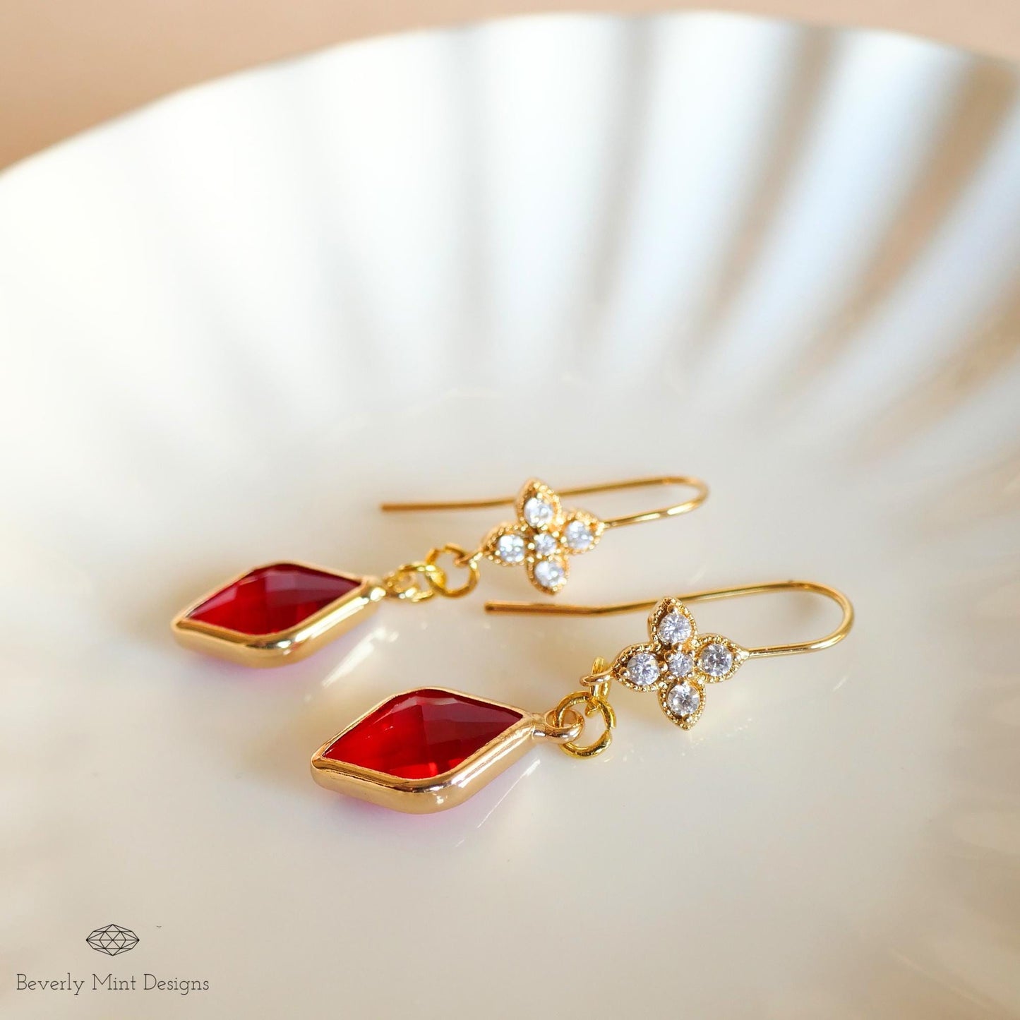 Ruby Red and Floral Crystal Dangle Earrings, Red Gemstone Cubic Zirconia Drop Earrings, Red Diamond Shaped Earrings, Elegant Dangle Earrings