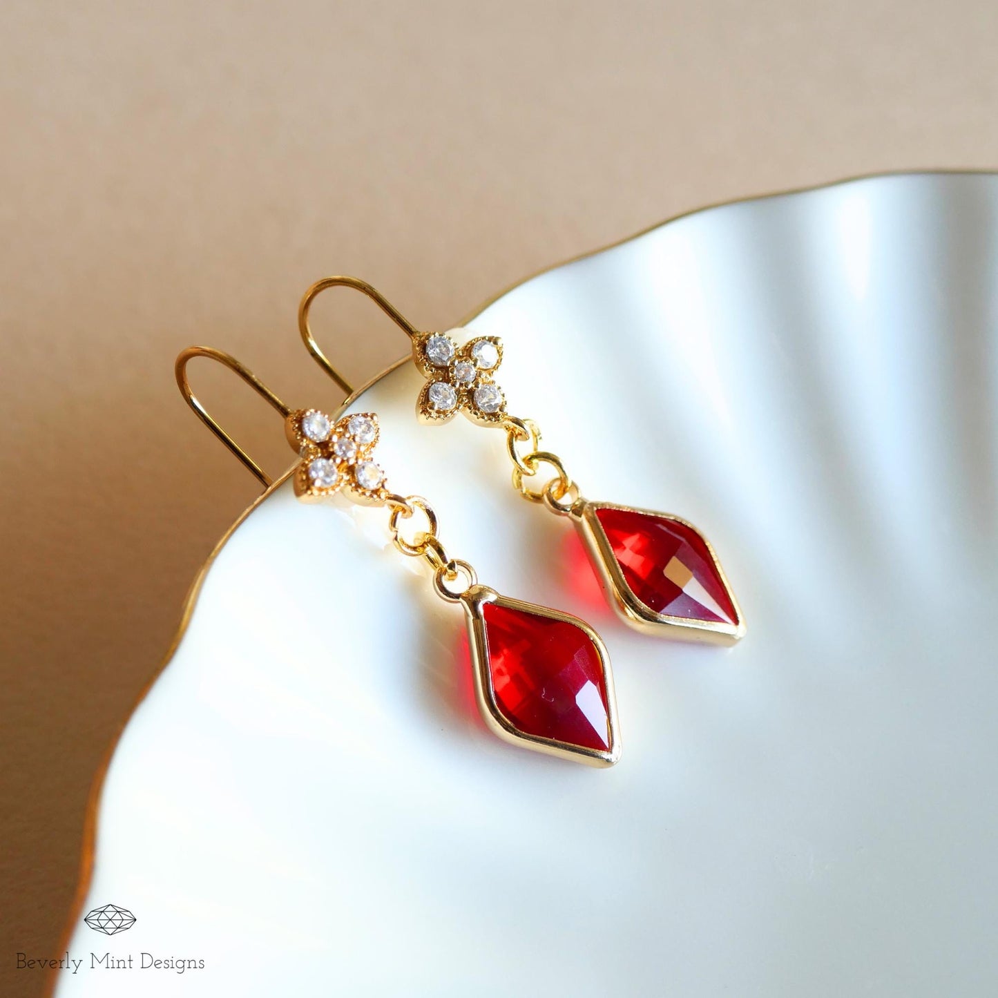 Ruby Red and Floral Crystal Dangle Earrings, Red Gemstone Cubic Zirconia Drop Earrings, Red Diamond Shaped Earrings, Elegant Dangle Earrings