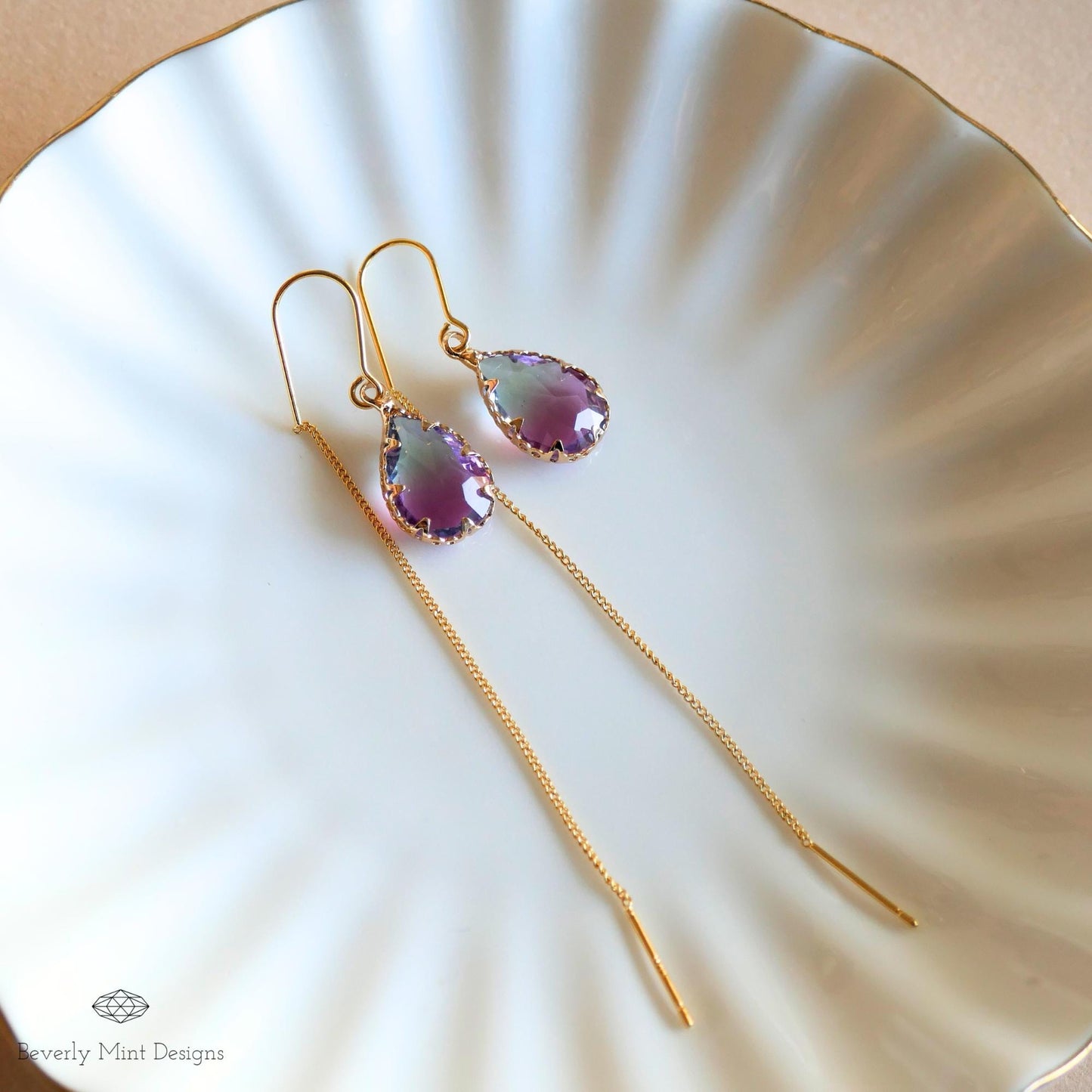 Teardrop Crystal Earrings , Purple & Blue Ombre Drop Earrings , Long Threader Earrings for Women , Handmade Boho Jewelry Gift
