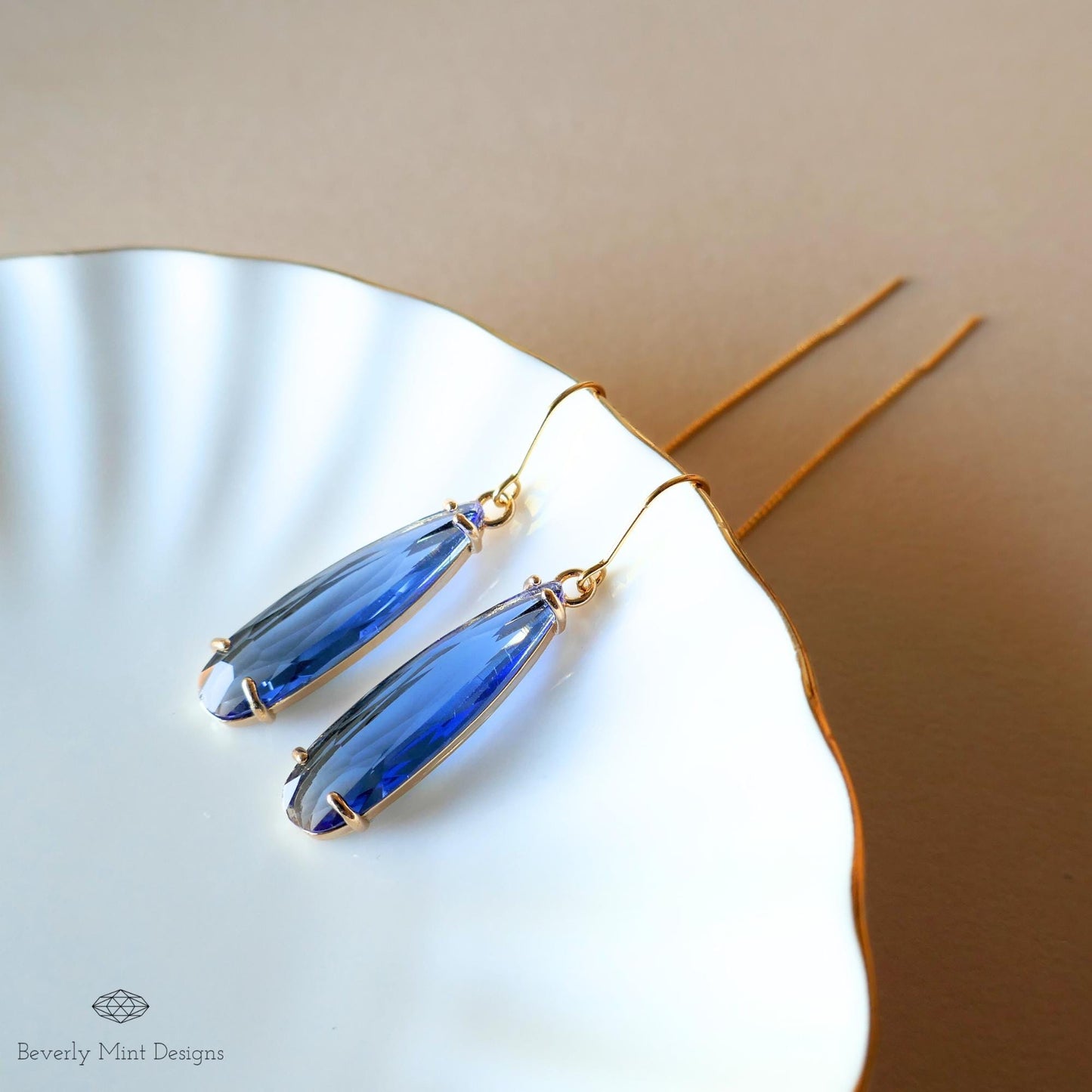 Blue Crystal Drop Threader Earrings ,Blue Statement Earrings ,Elegant Dangle Earrings for Women ,Something Blue Earrings, Handmade Jewelry