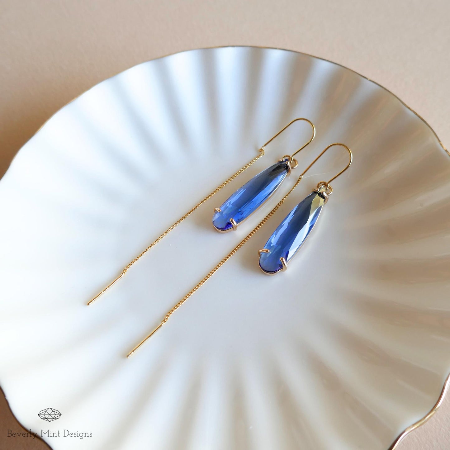 Blue Crystal Drop Threader Earrings ,Blue Statement Earrings ,Elegant Dangle Earrings for Women ,Something Blue Earrings, Handmade Jewelry