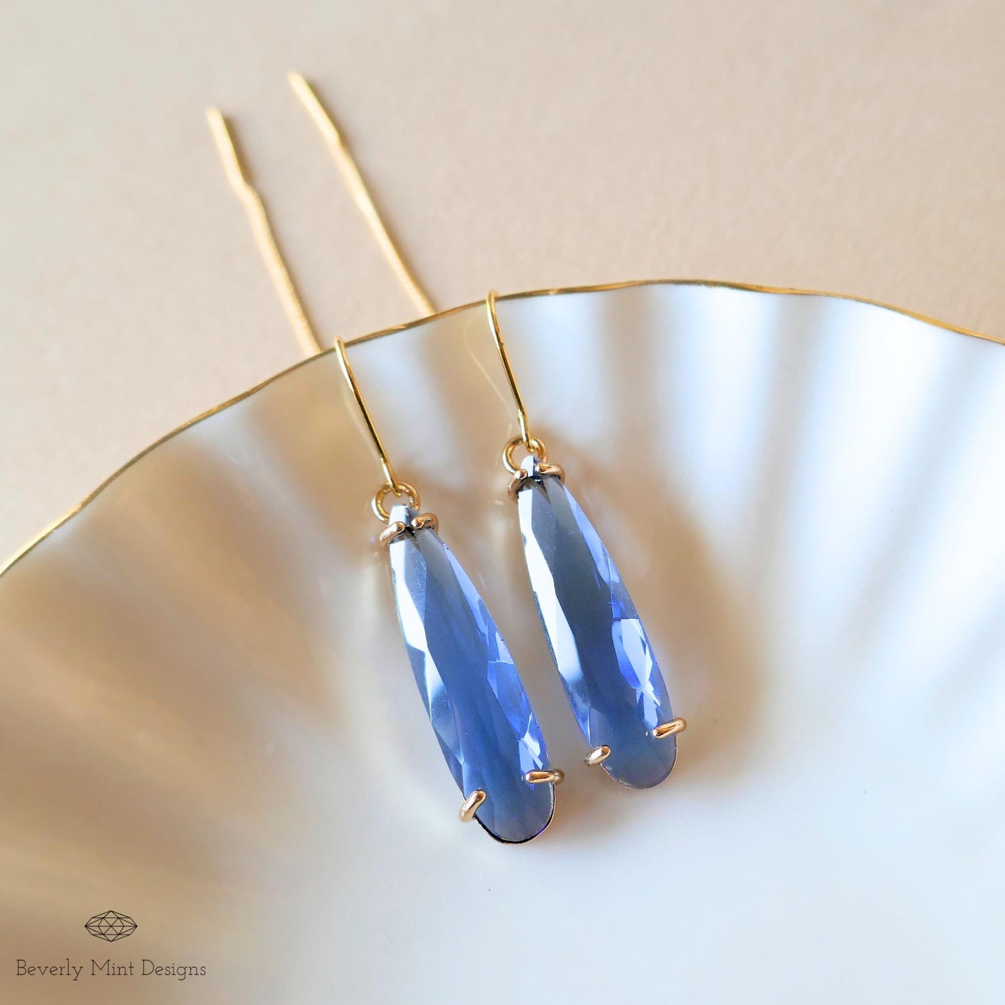 Blue Crystal Drop Threader Earrings ,Blue Statement Earrings ,Elegant Dangle Earrings for Women ,Something Blue Earrings, Handmade Jewelry