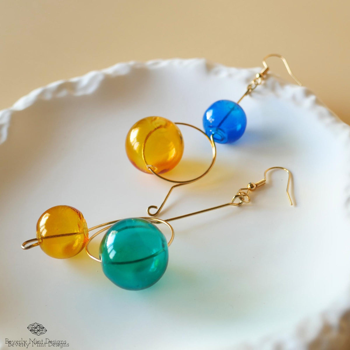 Glass Ball Dangle Earrings, Artistic Gold Wire Drop Jewelry, Multicolor Earrings, Unique Gift, Sensitive Ear & Clip-On Options