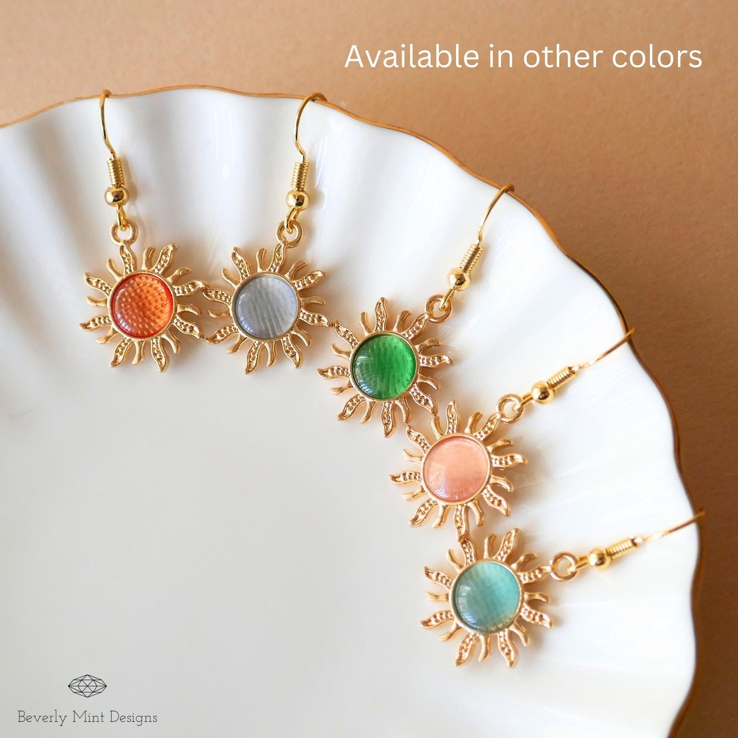 Sun Earrings, 18K Gold Boho Sun Earrings, Green Earrings, Bohemian Style Earrings, Gold Sunburst Earrings, Gift For Her