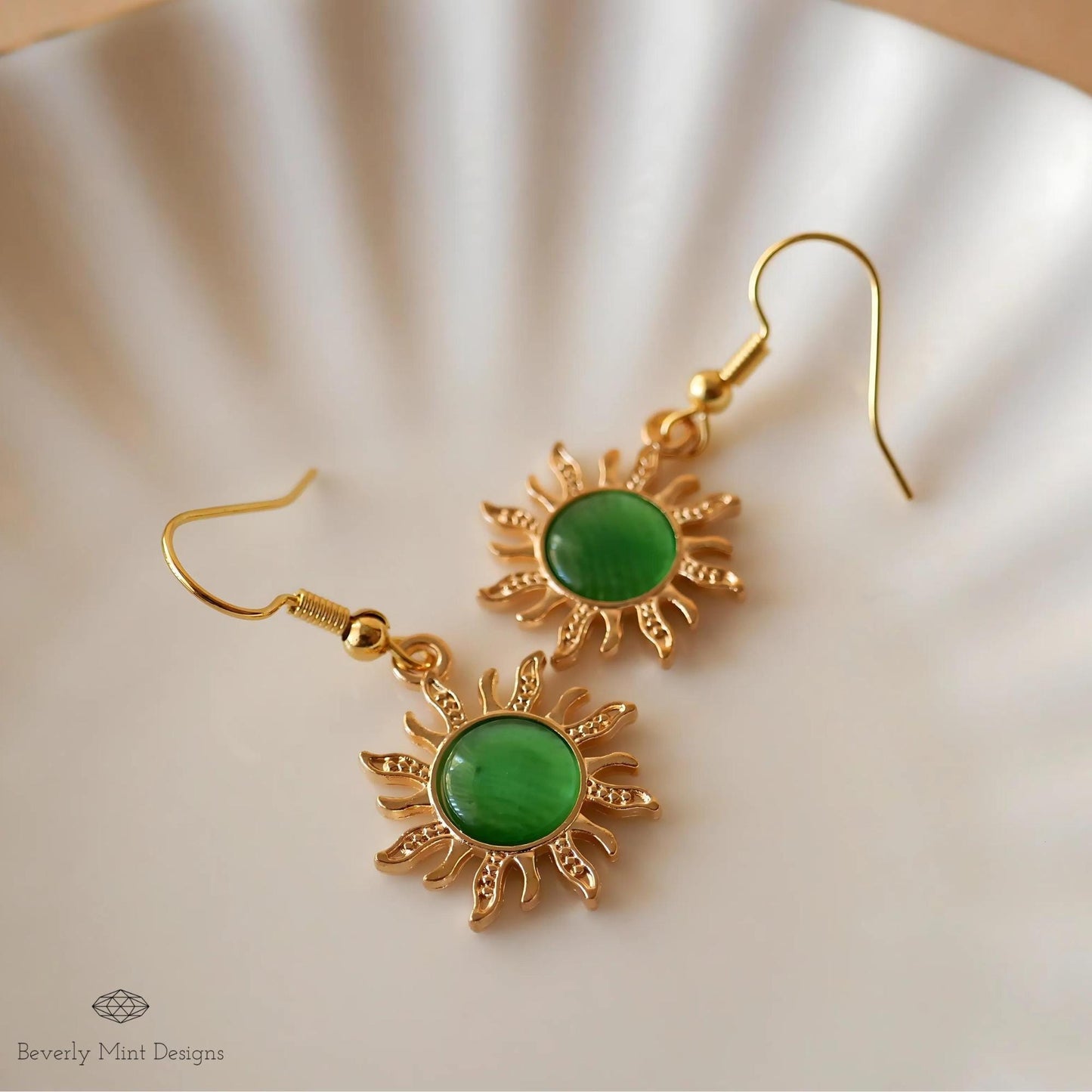 Sun Earrings, 18K Gold Boho Sun Earrings, Green Earrings, Bohemian Style Earrings, Gold Sunburst Earrings, Gift For Her