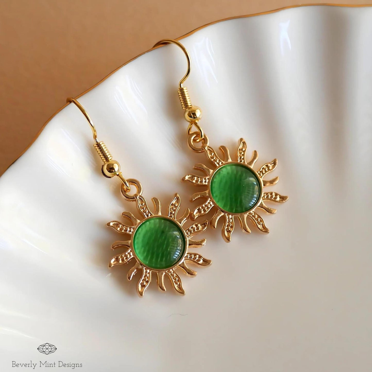 Sun Earrings, 18K Gold Boho Sun Earrings, Green Earrings, Bohemian Style Earrings, Gold Sunburst Earrings, Gift For Her