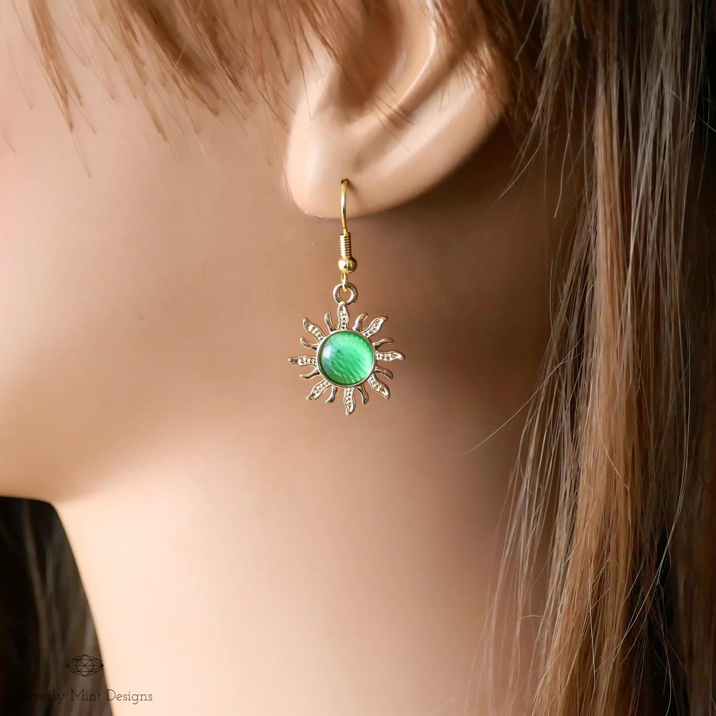 Sun Earrings, 18K Gold Boho Sun Earrings, Green Earrings, Bohemian Style Earrings, Gold Sunburst Earrings, Gift For Her