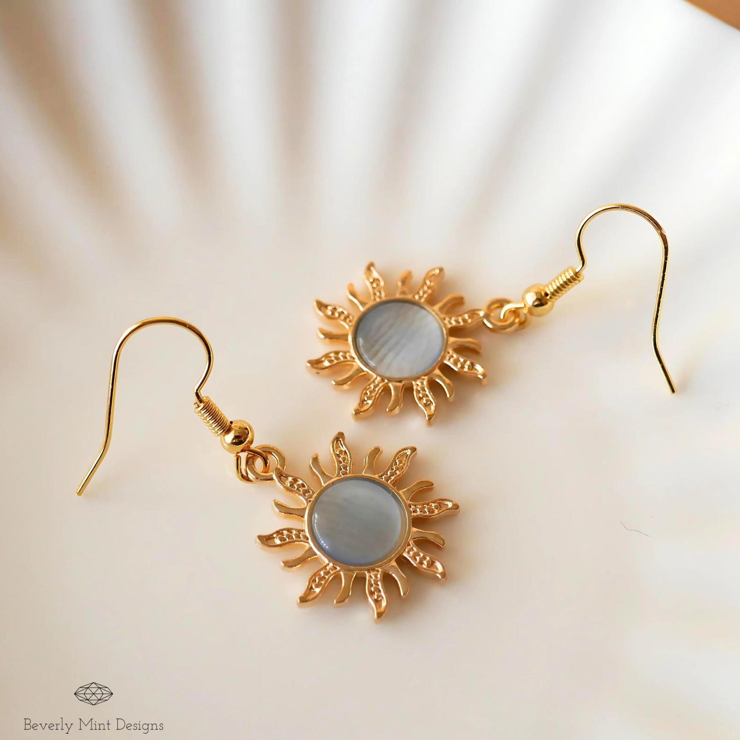 Sun Earrings, 18K Gold Boho Sun Earrings, Blue Earrings, Bohemian Style Earrings, Gold Sunburst Earrings, Gift For Her