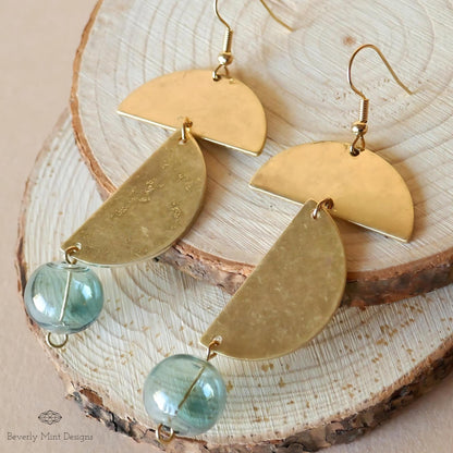 Vintage Style Green Glass Ball Dangle Earrings, Textured Gold Long Earrings, Sensitive Ear & Clip-On Options