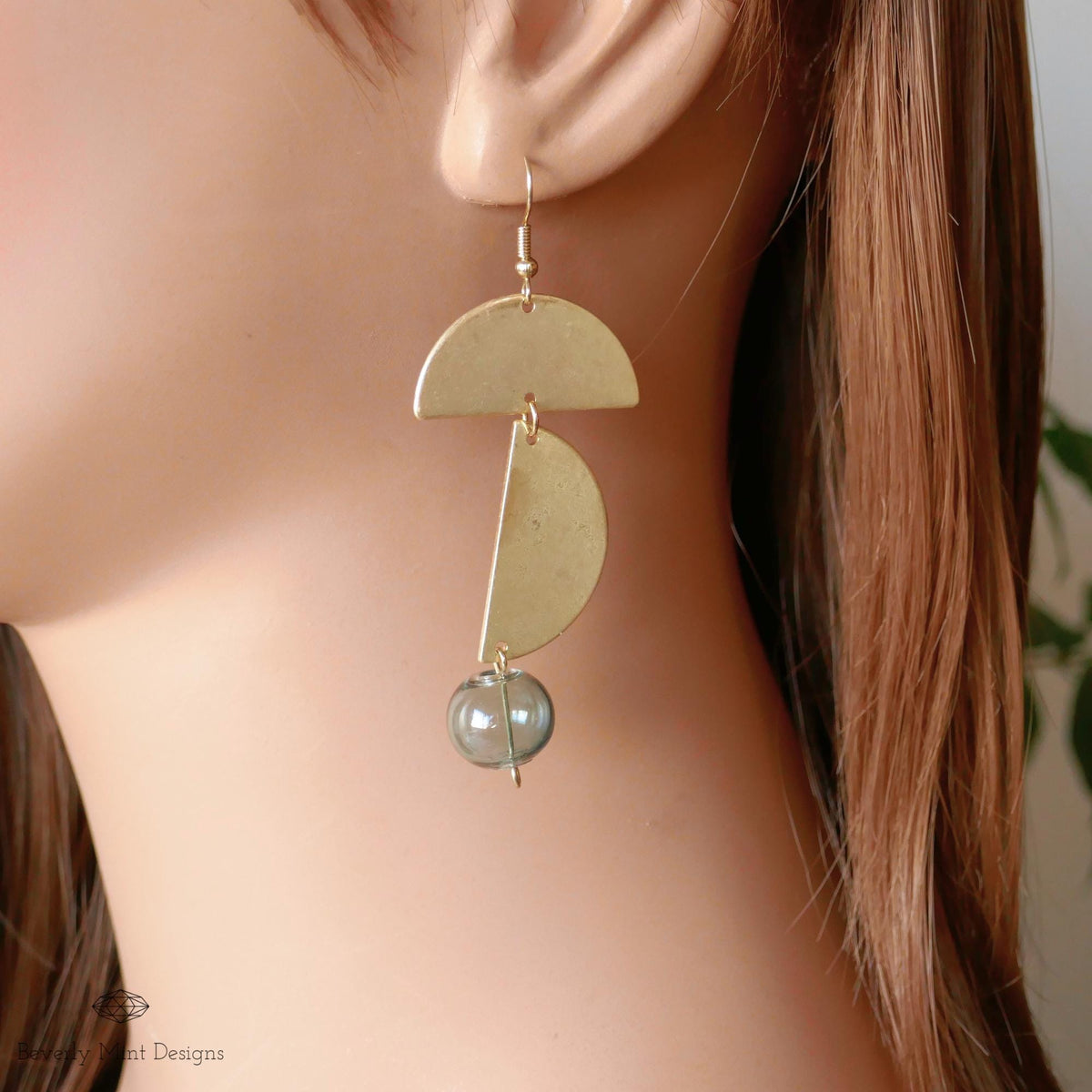 Vintage Style Green Glass Ball Dangle Earrings, Textured Gold Long Earrings, Sensitive Ear & Clip-On Options