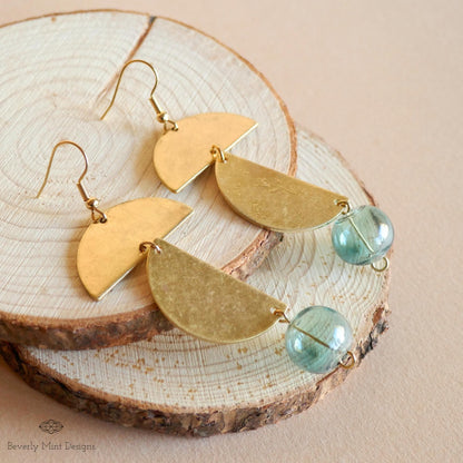 Vintage Style Green Glass Ball Dangle Earrings, Textured Gold Long Earrings, Sensitive Ear & Clip-On Options