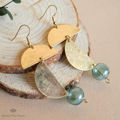 Vintage Style Green Glass Ball Dangle Earrings, Textured Gold Long Earrings, Sensitive Ear & Clip-On Options