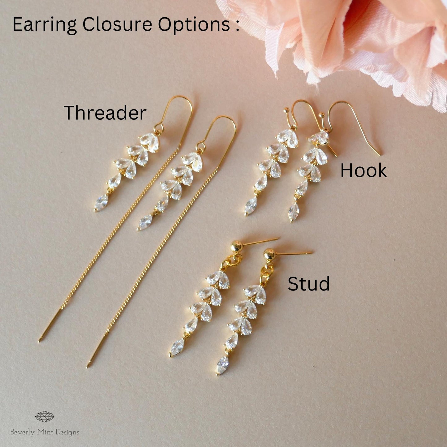 18K Gold Crystal Dainty Earrings, Leaf Threader Earrings, Zircon Earrings ,Dangle and Drop Earrings, Wedding Gift, Bridesmaids gift