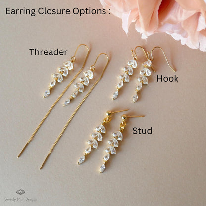 18K Gold Crystal Dainty Earrings, Leaf Threader Earrings, Zircon Earrings ,Dangle and Drop Earrings, Wedding Gift, Bridesmaids gift