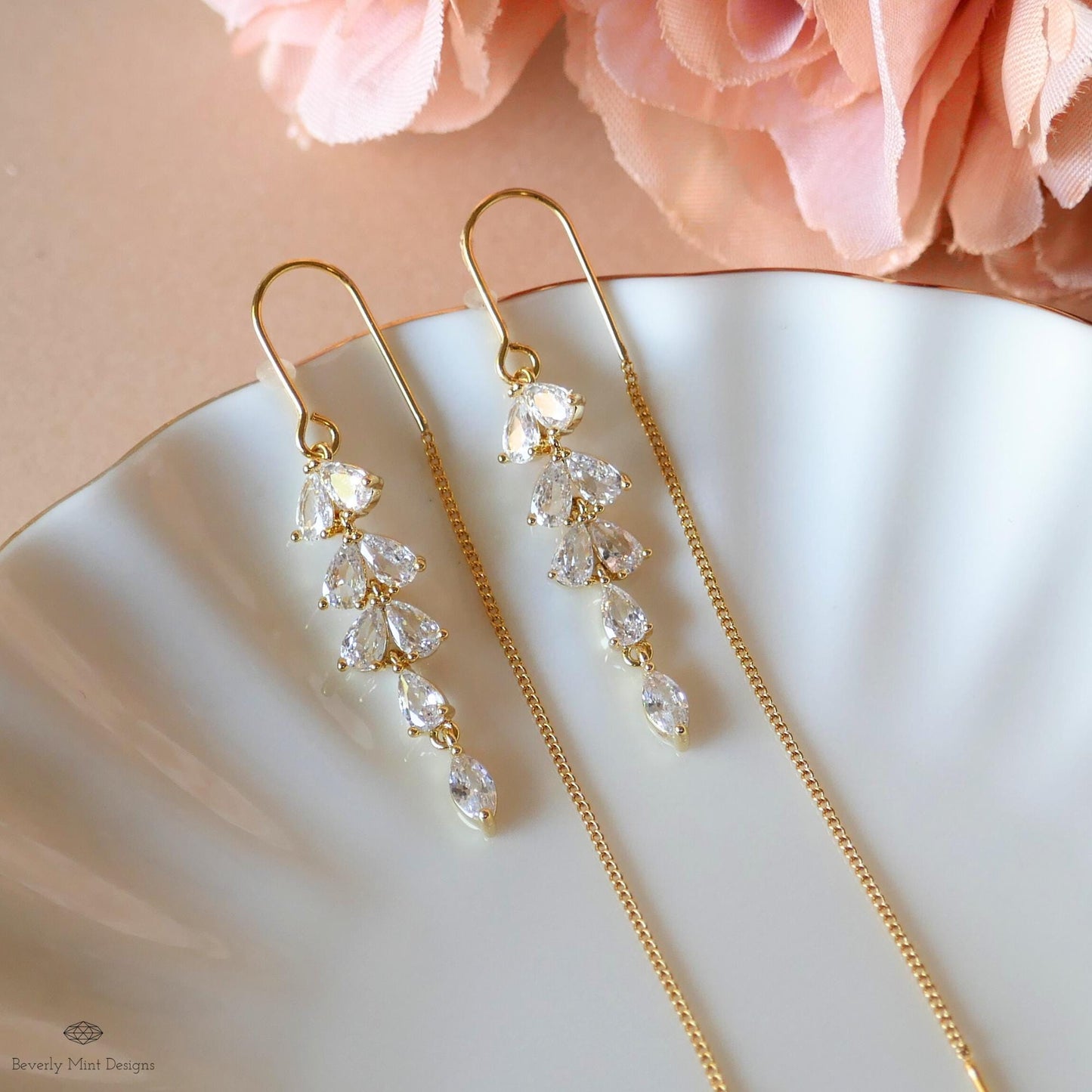 18K Gold Crystal Dainty Earrings, Leaf Threader Earrings, Zircon Earrings ,Dangle and Drop Earrings, Wedding Gift, Bridesmaids gift