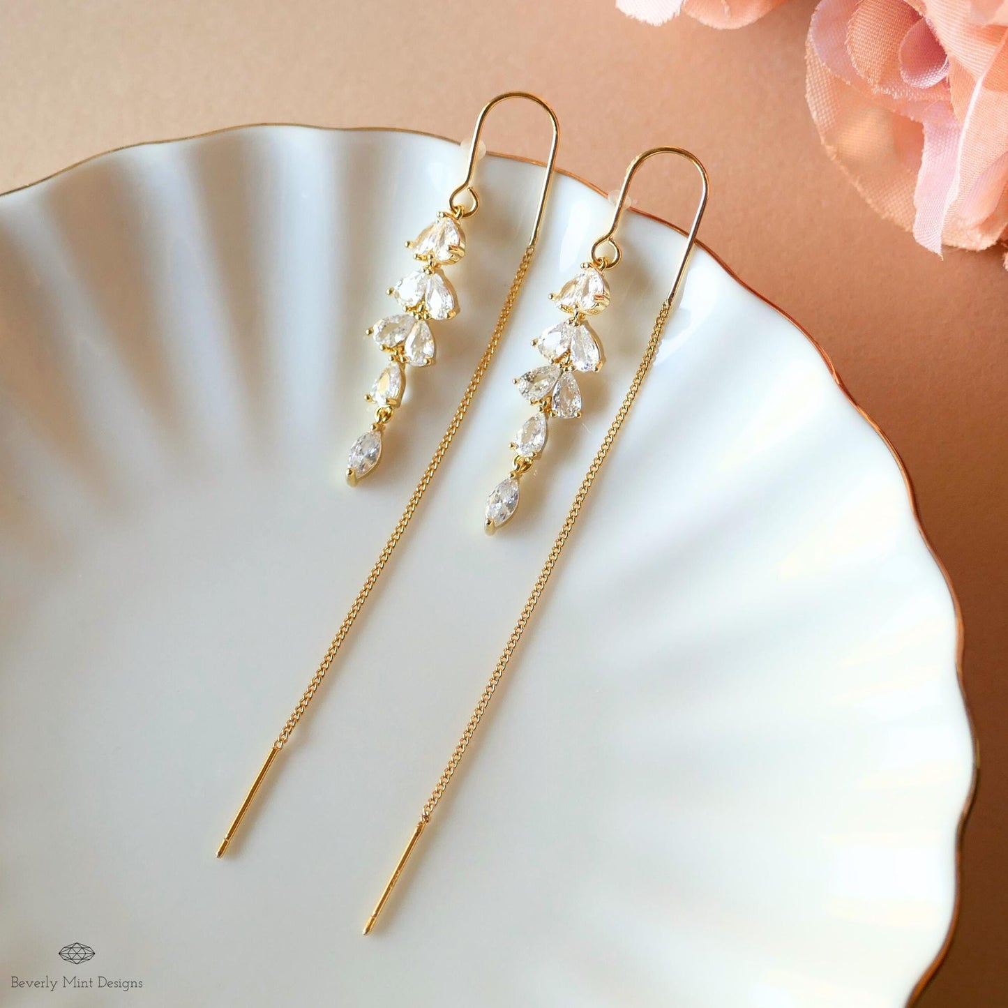 18K Gold Crystal Dainty Earrings, Leaf Threader Earrings, Zircon Earrings ,Dangle and Drop Earrings, Wedding Gift, Bridesmaids gift