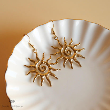 Sun Earrings, 18K Gold Boho Sun Earrings, Bohemian Style Earrings, Gold Sunburst Earrings, Bohemian Jewelry, Unique Gift For Her