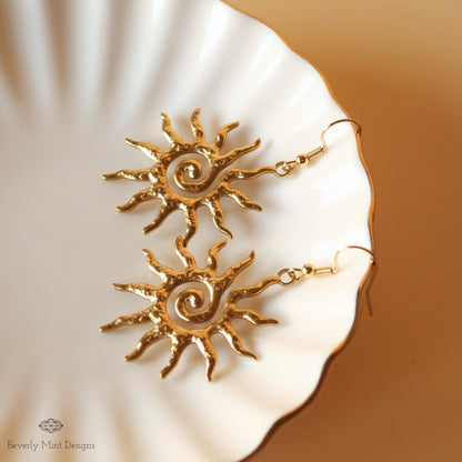 Sun Earrings, 18K Gold Boho Sun Earrings, Bohemian Style Earrings, Gold Sunburst Earrings, Bohemian Jewelry, Unique Gift For Her