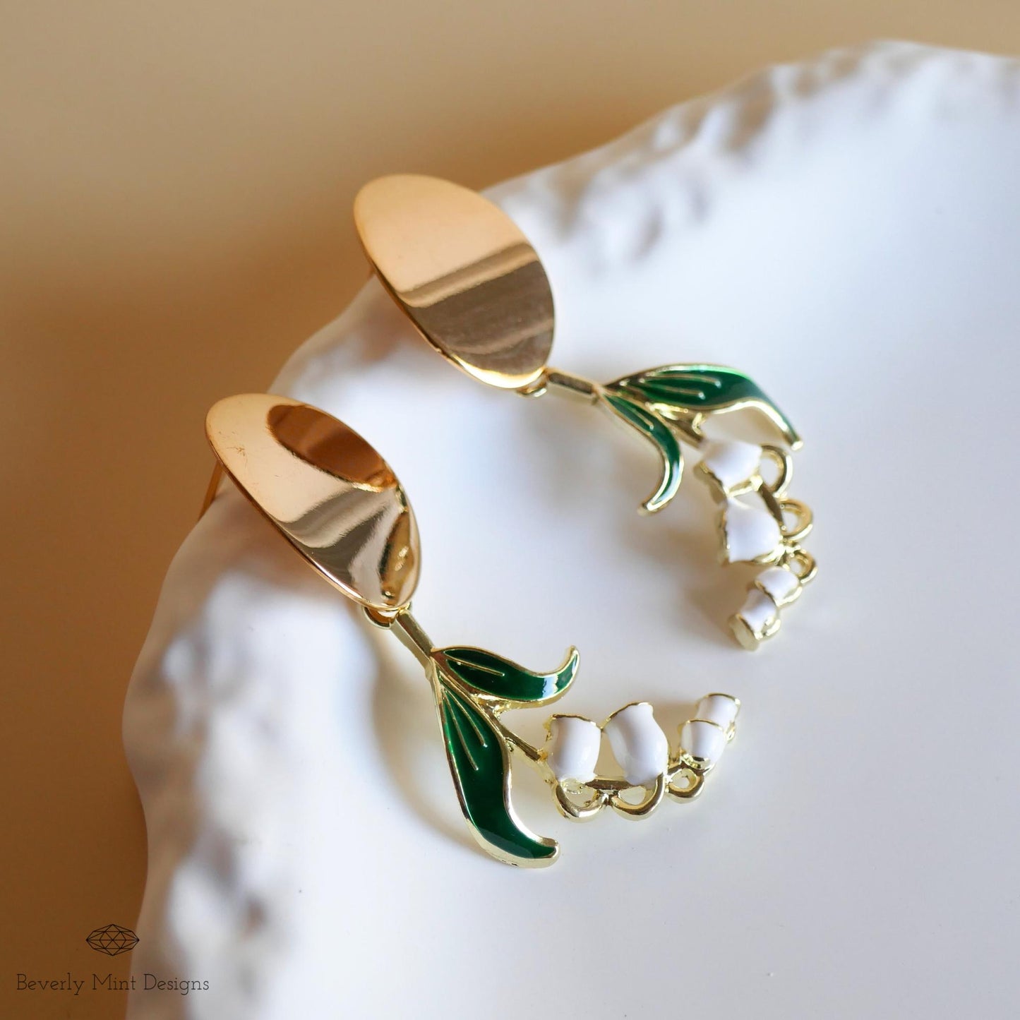 White Lily Of The Valley Flower Earrings, Floral Gold Drop Earrings, Birth Flower for May ,Unique Earrings ,Gift For Her, Gift For Her