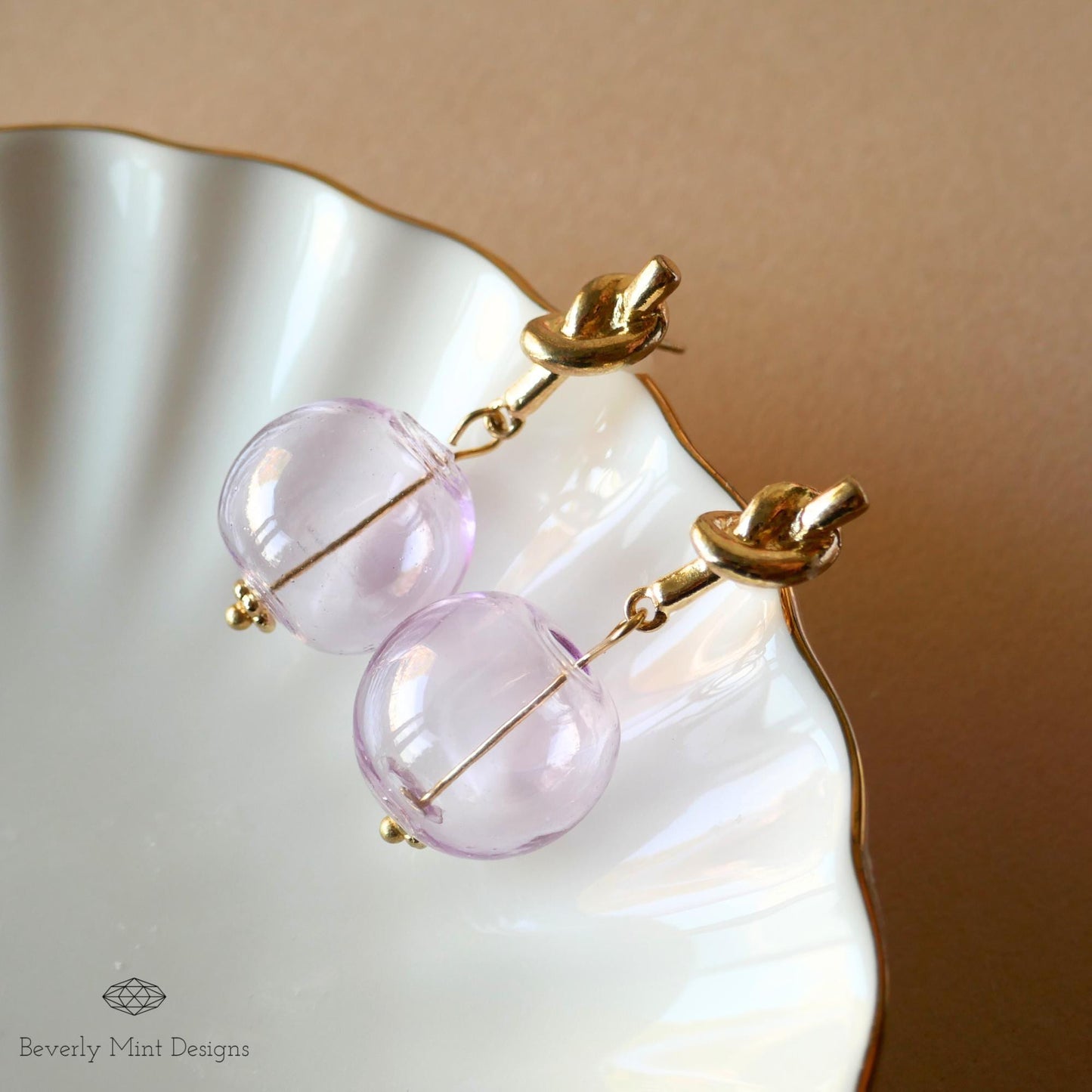 Gold Knot Stud Earrings with Lavender Glass Beads , Elegant Minimalist Drop Earrings , Dangle Earrings for Women, Gift for Her