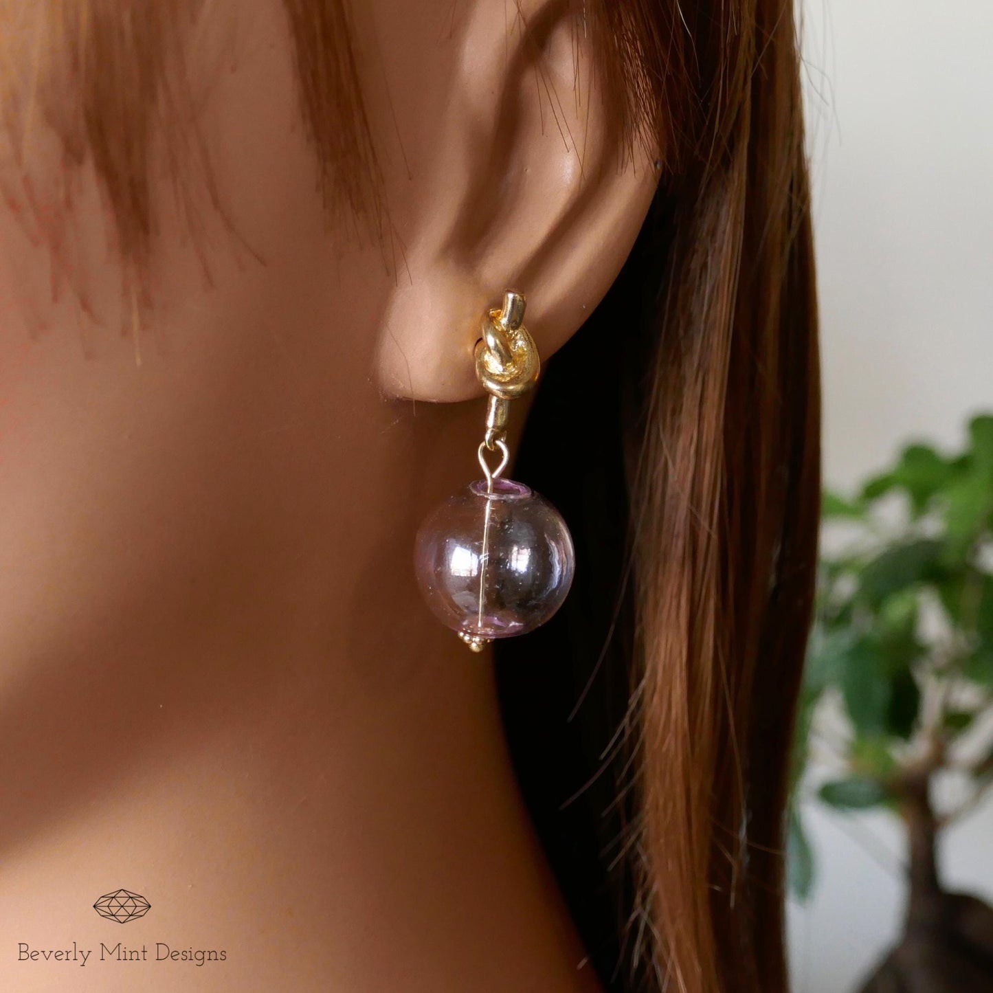 Gold Knot Stud Earrings with Lavender Glass Beads , Elegant Minimalist Drop Earrings , Dangle Earrings for Women, Gift for Her