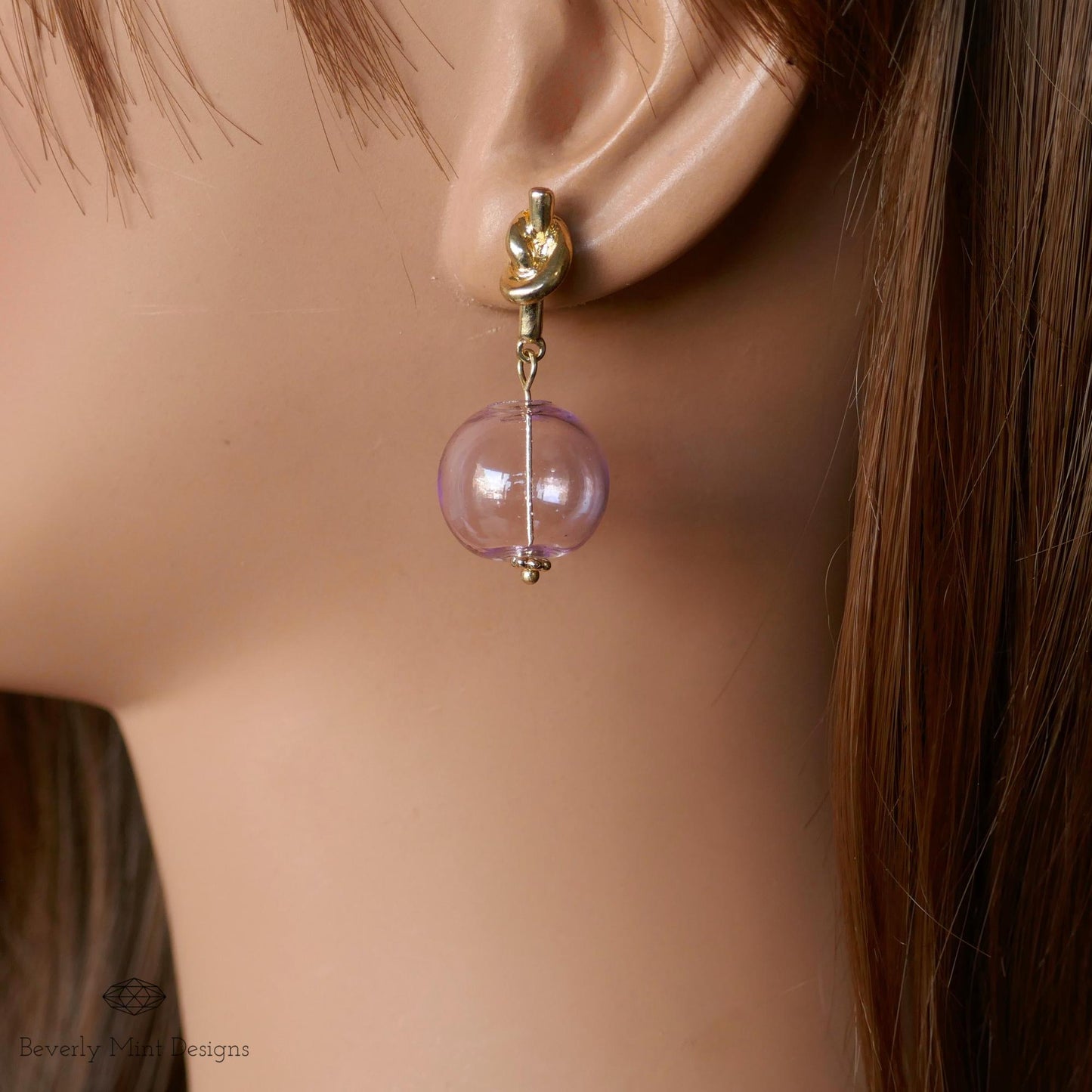 Gold Knot Stud Earrings with Lavender Glass Beads , Elegant Minimalist Drop Earrings , Dangle Earrings for Women, Gift for Her