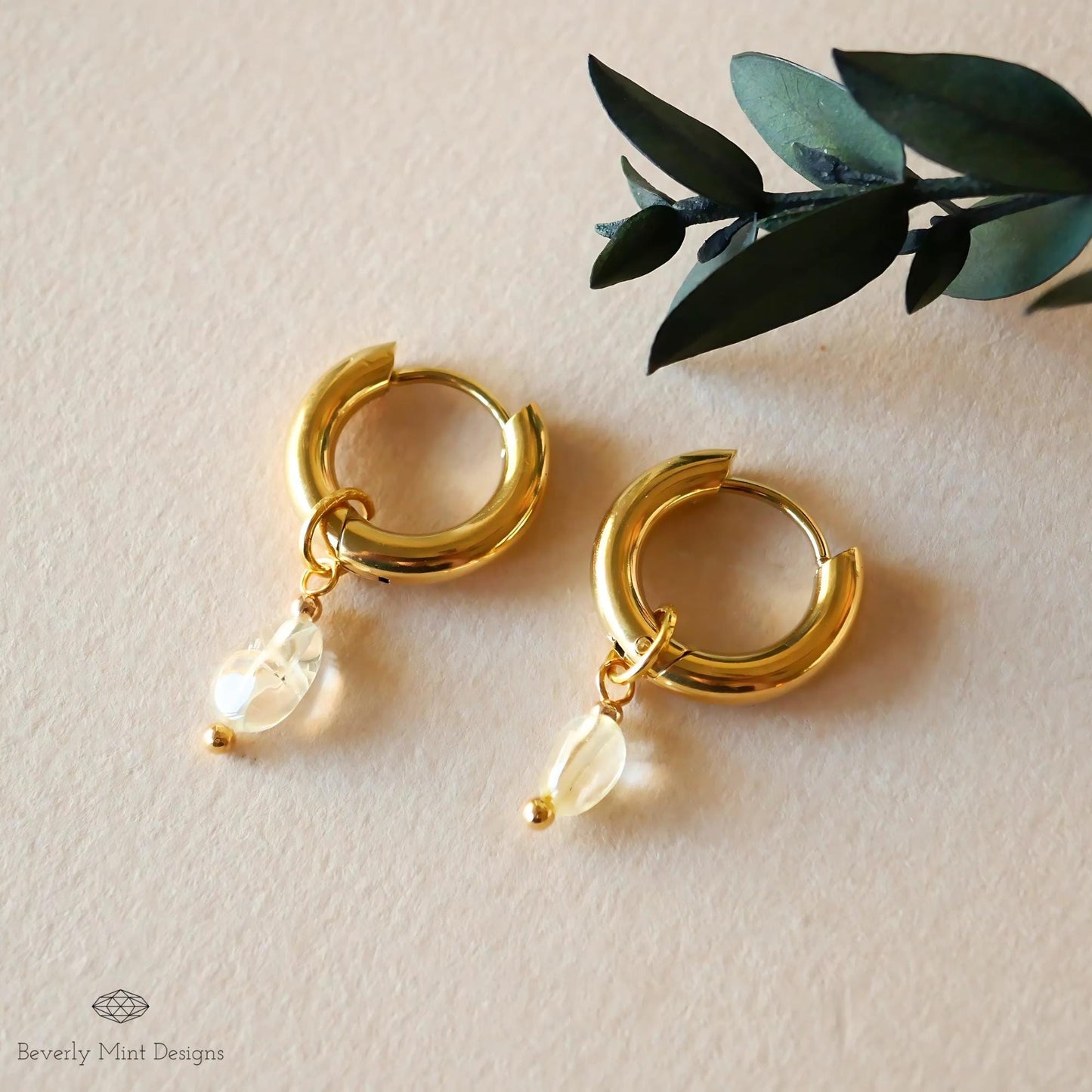 18K Gold Tiny Natural Stone Earrings, White Crystal Stone Earrings, Minimalist Dangle Earrings, Boho Chic Hoops, Delicate Stone Jewelry