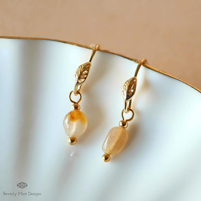 Gold Leaf and Mini Stone Earrings, Minimalist Leaf Earrings, Delicate Nature-Inspired Jewelry, Lightweight Boho Earrings, Gift For Her