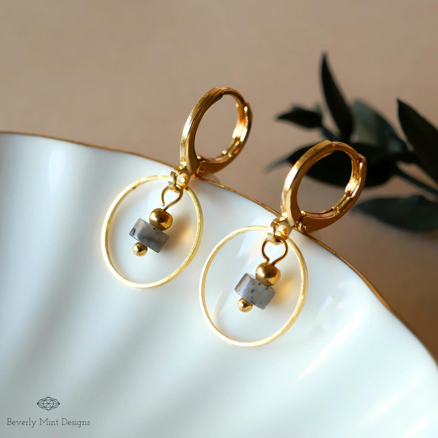 Gold Circle Hoop Earrings with Stone Charm, Minimalist Geometric Dangle Hoops, Modern Statement Jewelry, Elegant Gift for Her