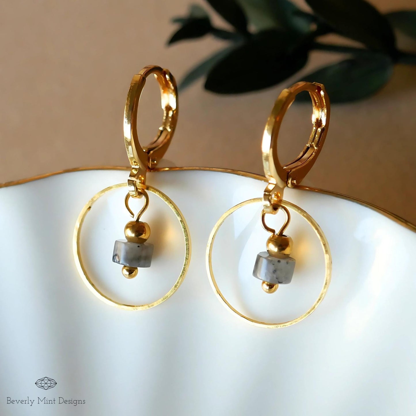 Gold Circle Hoop Earrings with Stone Charm, Minimalist Geometric Dangle Hoops, Modern Statement Jewelry, Elegant Gift for Her