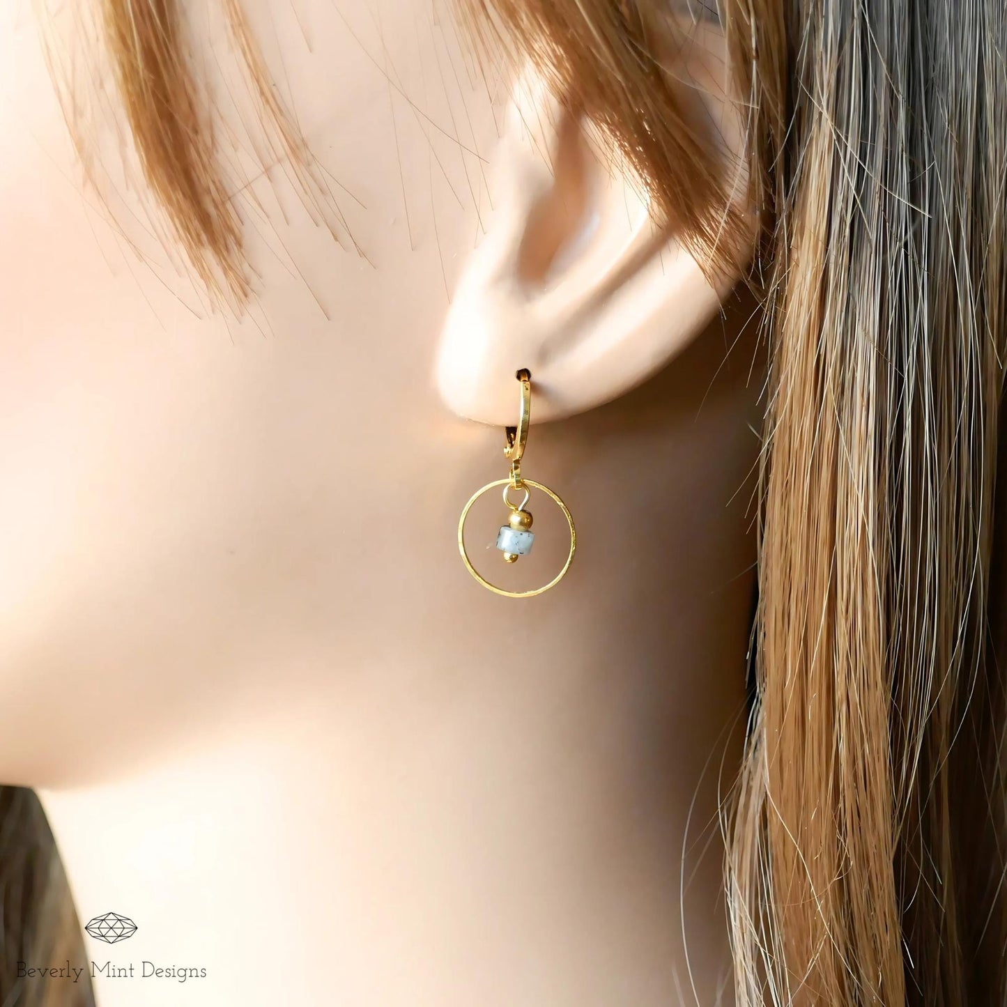Gold Circle Hoop Earrings with Stone Charm, Minimalist Geometric Dangle Hoops, Modern Statement Jewelry, Elegant Gift for Her