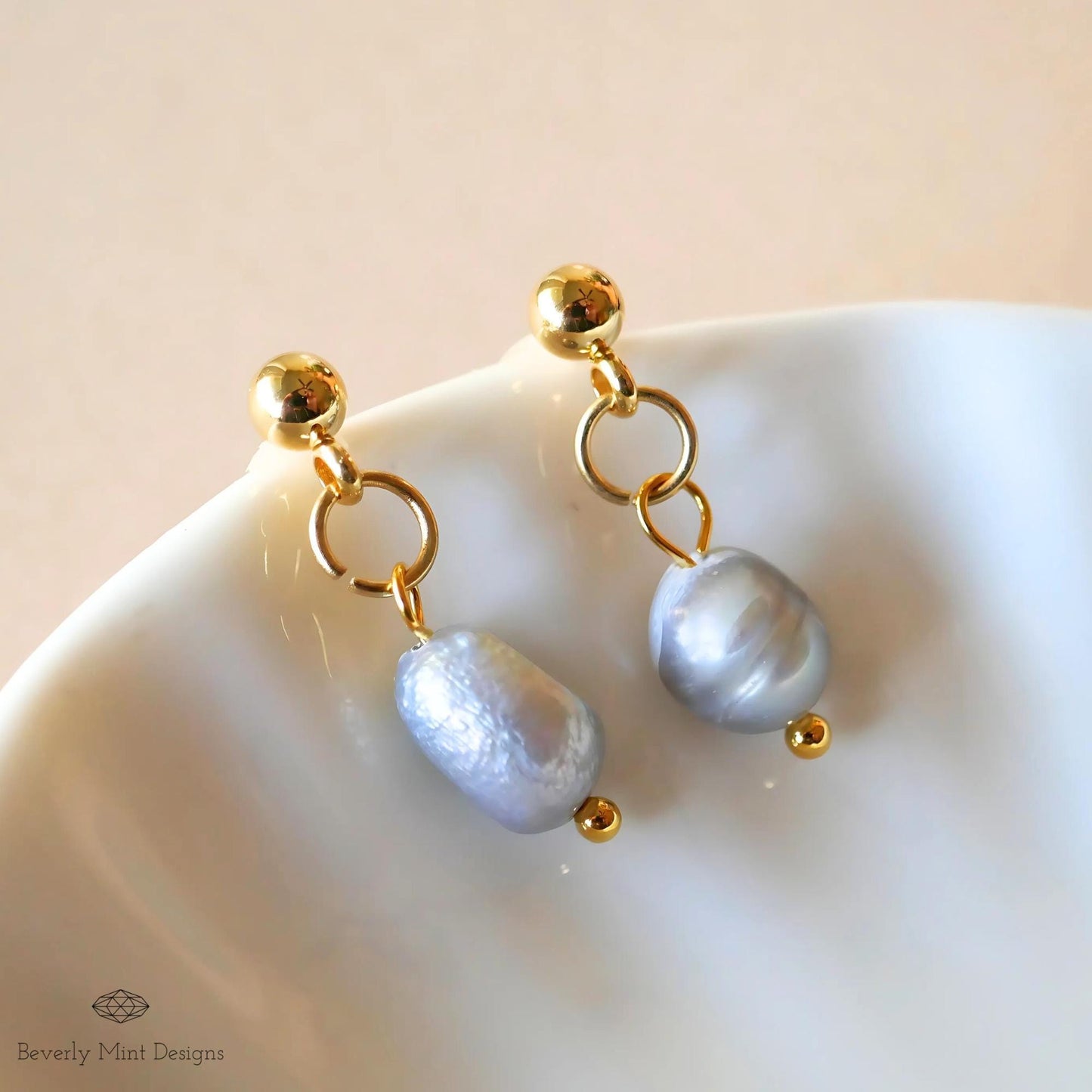 Gold Drop Earrings with Gray Baroque Pearl Beads, Minimalist Grey Pearl Dangle Earrings, Elegant Statement Jewelry, Unique, Gift For Her