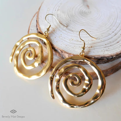 Gold Spiral Earrings, Handmade Hammered Statement Jewelry, Boho Chic Large Gold Earrings, Unique Swirl Drop Earrings, Artisan Earrings