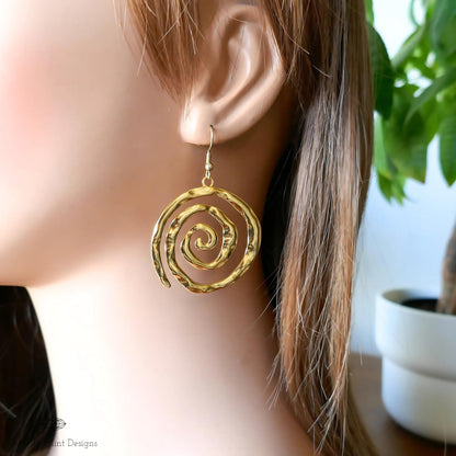 Gold Spiral Earrings, Handmade Hammered Statement Jewelry, Boho Chic Large Gold Earrings, Unique Swirl Drop Earrings, Artisan Earrings