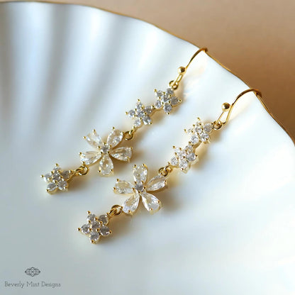 Crystal Flower Drop Earrings - Elegant Wedding Jewelry, Bridal Statement Earrings, Long Gold Dangle Earrings, Sparkling Floral Earrings