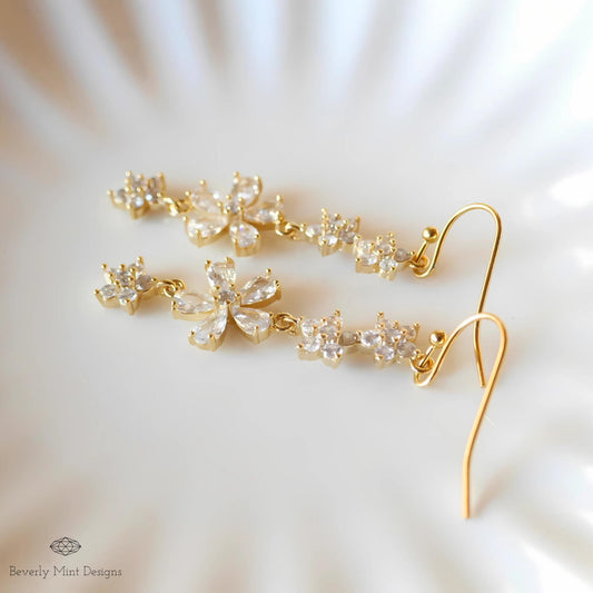 Crystal Flower Drop Earrings - Elegant Wedding Jewelry, Bridal Statement Earrings, Long Gold Dangle Earrings, Sparkling Floral Earrings