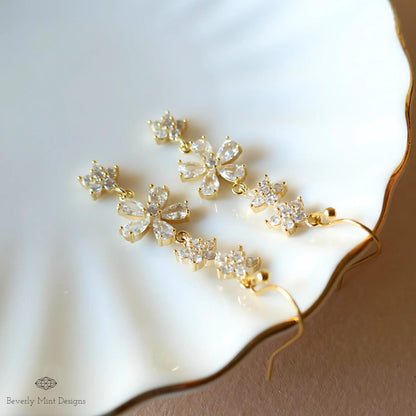 Crystal Flower Drop Earrings - Elegant Wedding Jewelry, Bridal Statement Earrings, Long Gold Dangle Earrings, Sparkling Floral Earrings