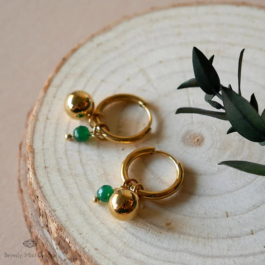 Gold Hoop Earrings with Green Bead Minimalist Dangle Jewelry Simple Everyday Earrings for Women, Everyday jewelry, Boho chic earrings,Casual