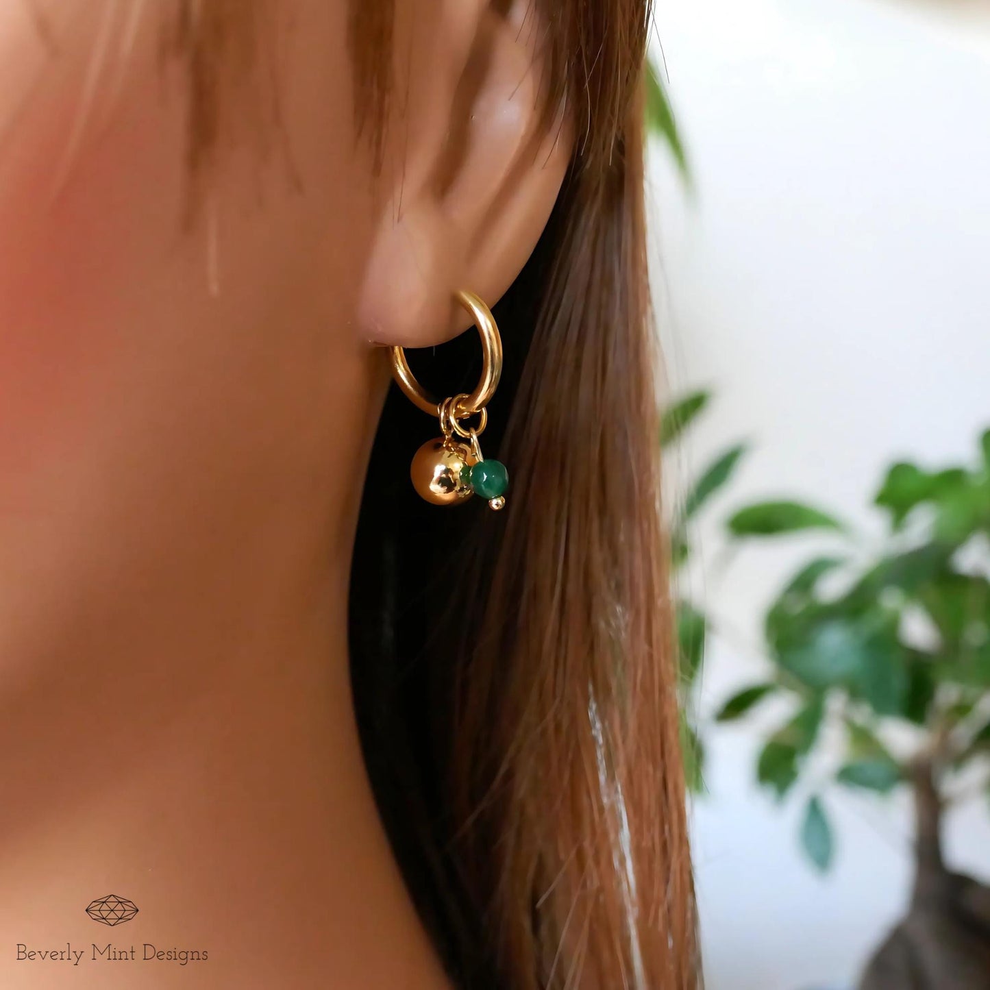 Gold Hoop Earrings with Green Bead Minimalist Dangle Jewelry Simple Everyday Earrings for Women, Everyday jewelry, Boho chic earrings,Casual