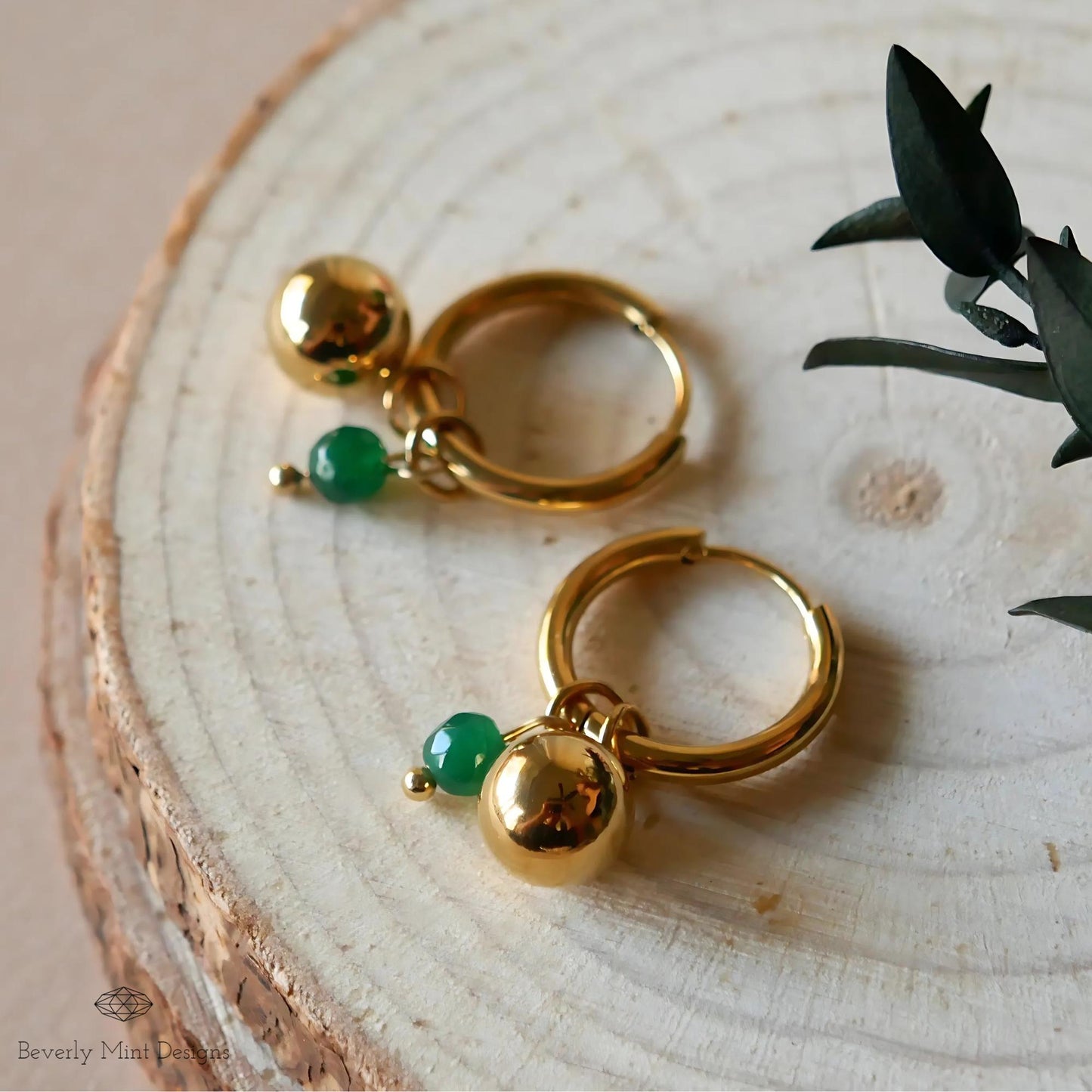 Gold Hoop Earrings with Green Bead Minimalist Dangle Jewelry Simple Everyday Earrings for Women, Everyday jewelry, Boho chic earrings,Casual