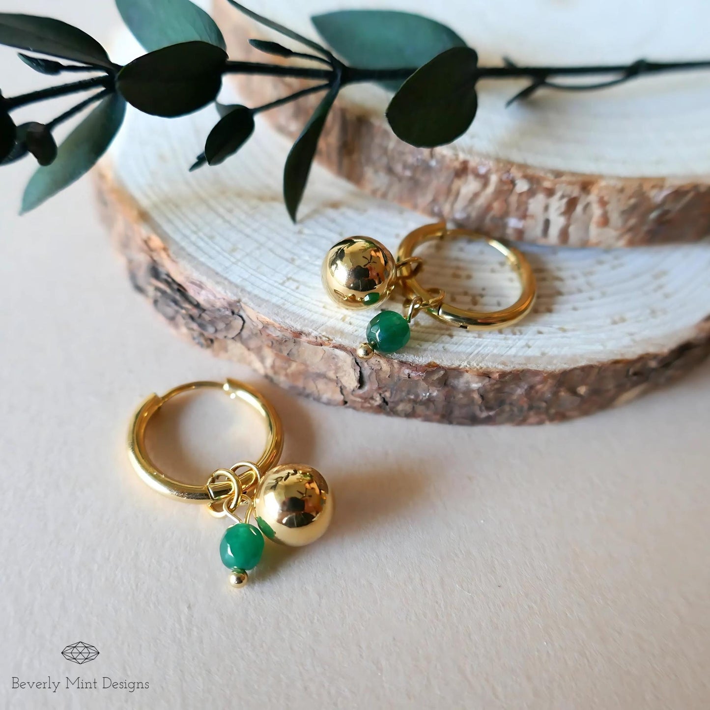 Gold Hoop Earrings with Green Bead Minimalist Dangle Jewelry Simple Everyday Earrings for Women, Everyday jewelry, Boho chic earrings,Casual