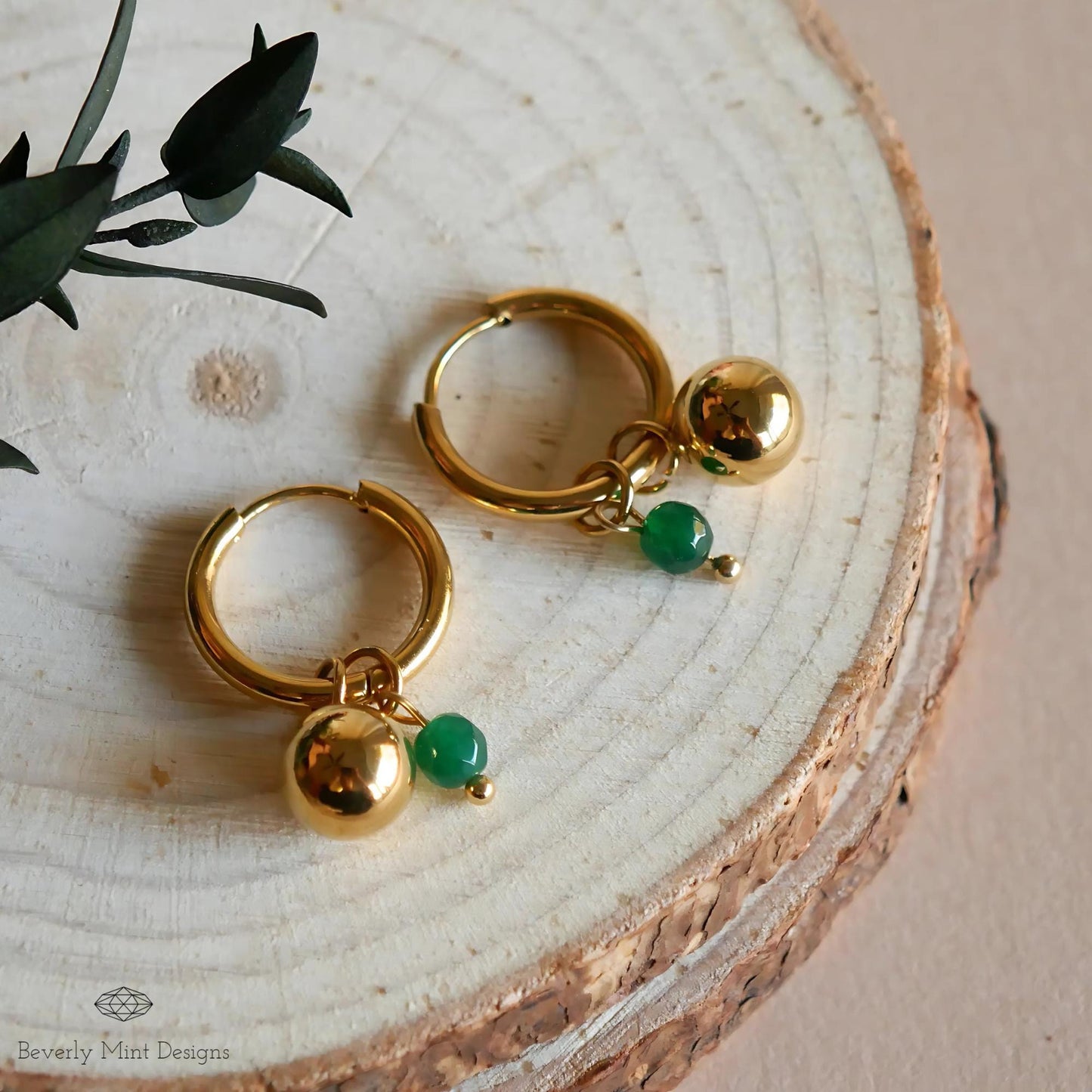 Gold Hoop Earrings with Green Bead Minimalist Dangle Jewelry Simple Everyday Earrings for Women, Everyday jewelry, Boho chic earrings,Casual